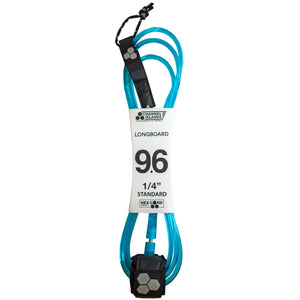 Channel Islands Longboard Hex Cord Standard Surfboard Leash - 9'6" x x1/4"/Fluorescent Blue