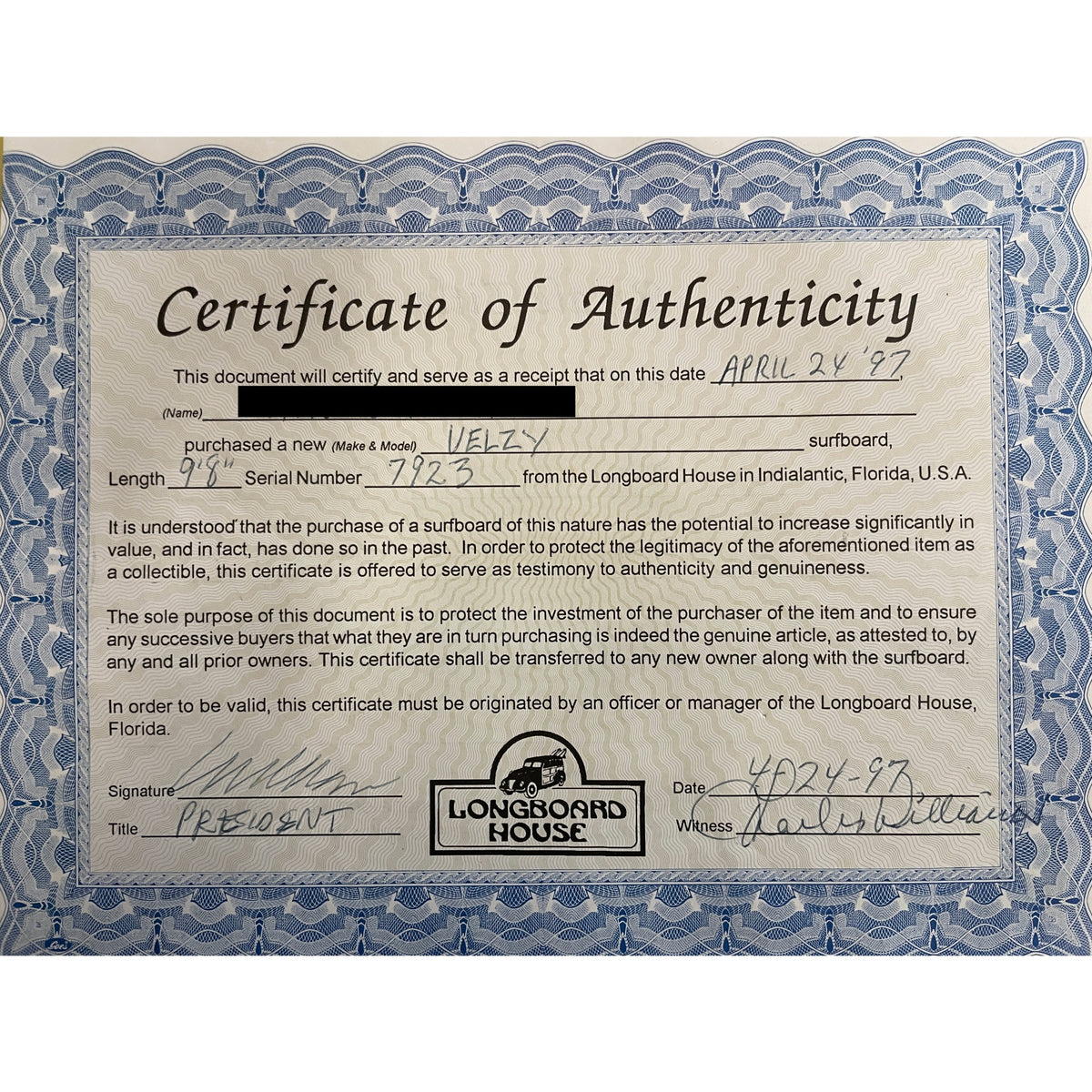Dale Velzy Custom 9’8 Collector Longboard Consignment
