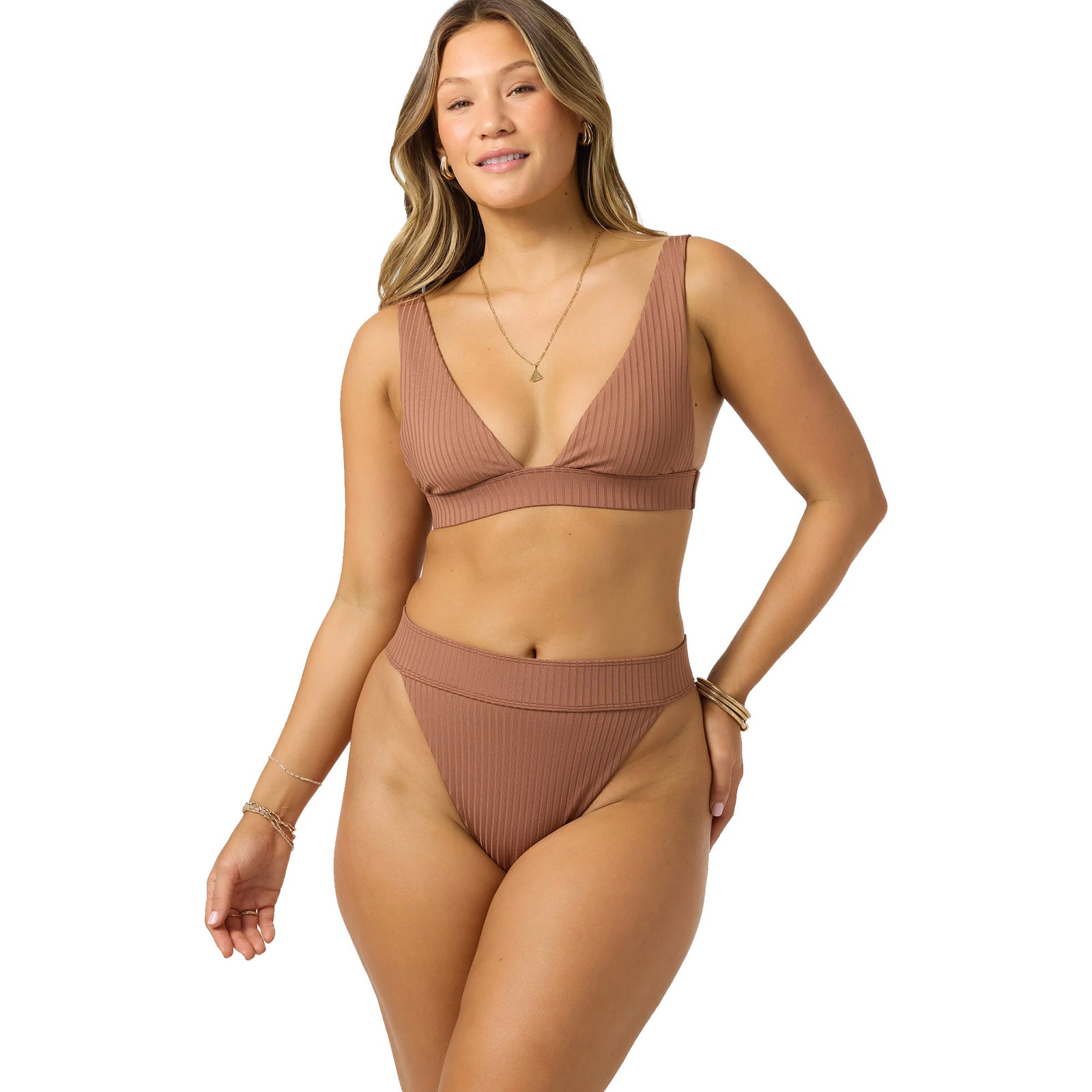 O'Neill Shorebreak Rib Santa Barbara High Rise Cheeky Women's Bikini Bottoms - Carob Brown