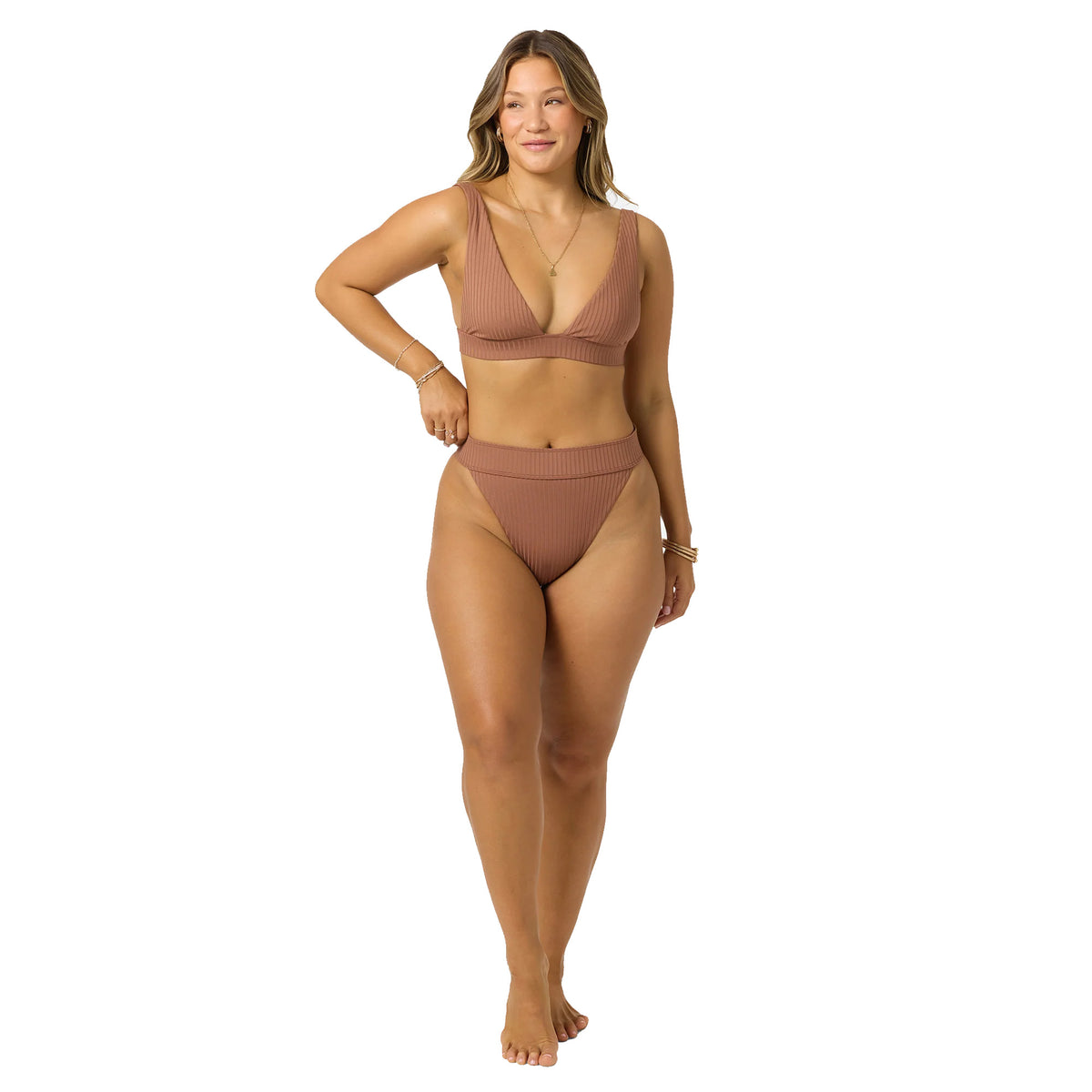 O'Neill Shorebreak Rib Santa Barbara High Rise Cheeky Women's Bikini Bottoms - Carob Brown