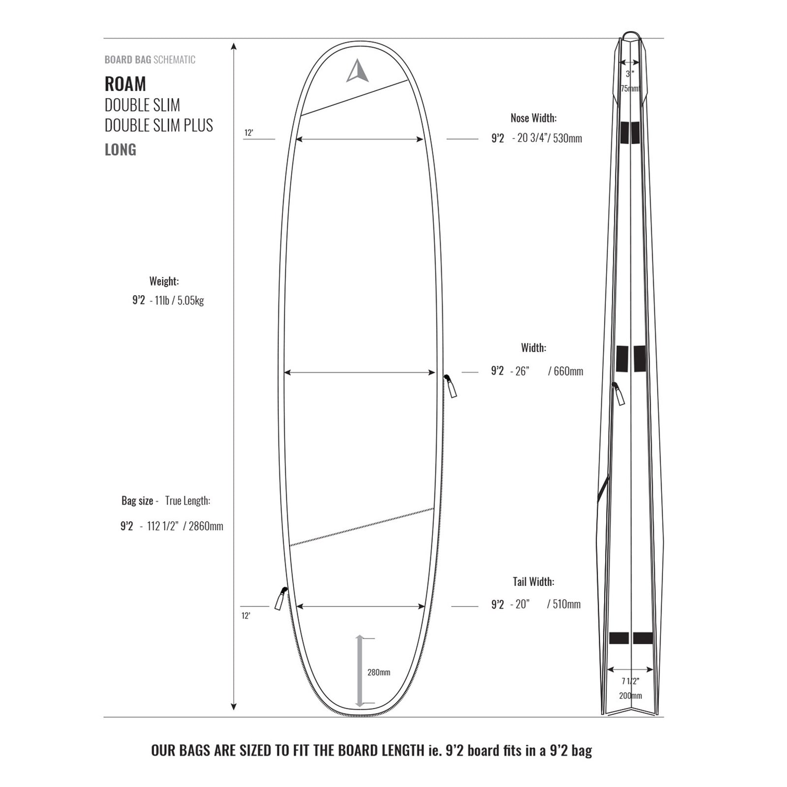 Roam Tech Plus Double Slim Longboard Surfboard Bag - Grey/Black