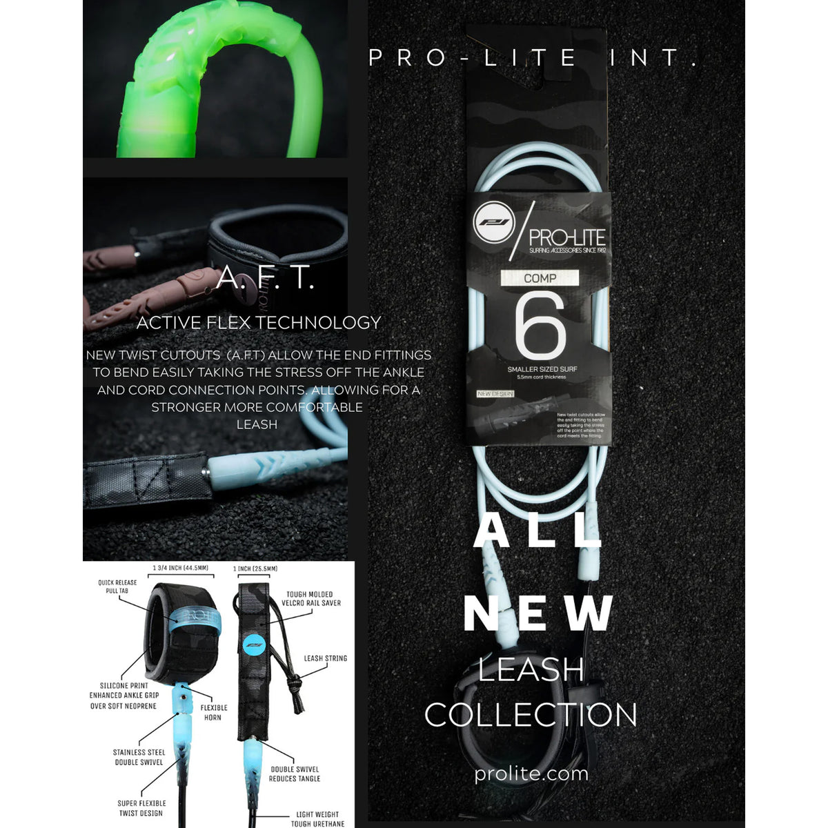 Pro-Lite Freesurf Series Double Swivel Surfboard Leash - 6'0"/Smoke Clear w/ Black Core