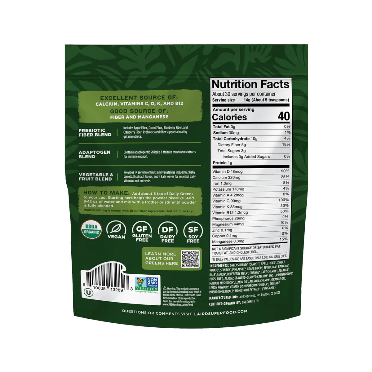 Laird Superfood Prebiotic Daily Greens - 14.8oz