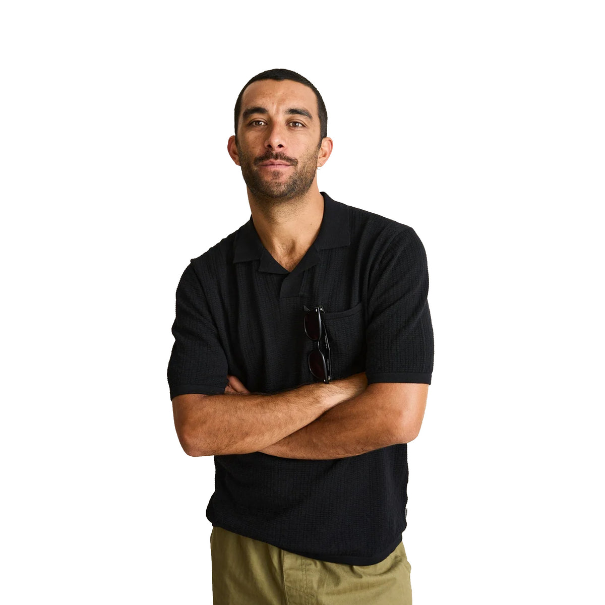 Rhythm Textured Knit Johnny Polo Men's Dress Shirt - Black