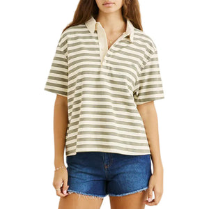 Rhythm Vintage Stripe Rugby Oversized Women's S/S Dress Shirt - Olive
