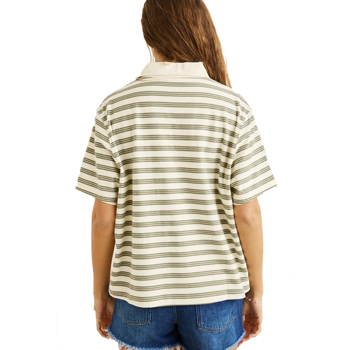 Rhythm Vintage Stripe Rugby Oversized Women's S/S Dress Shirt - Olive