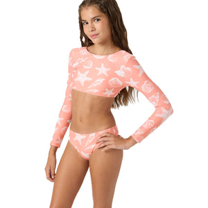 O'Neill Sandy Seashells Cropped Youth Girls L/S Swimsuit Set - Hot Coral