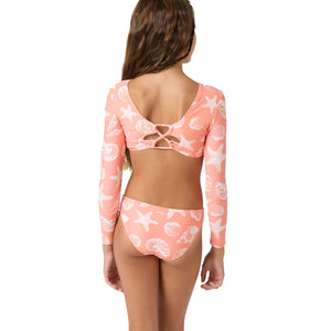 O'Neill Sandy Seashells Cropped Youth Girls L/S Swimsuit Set - Hot Coral