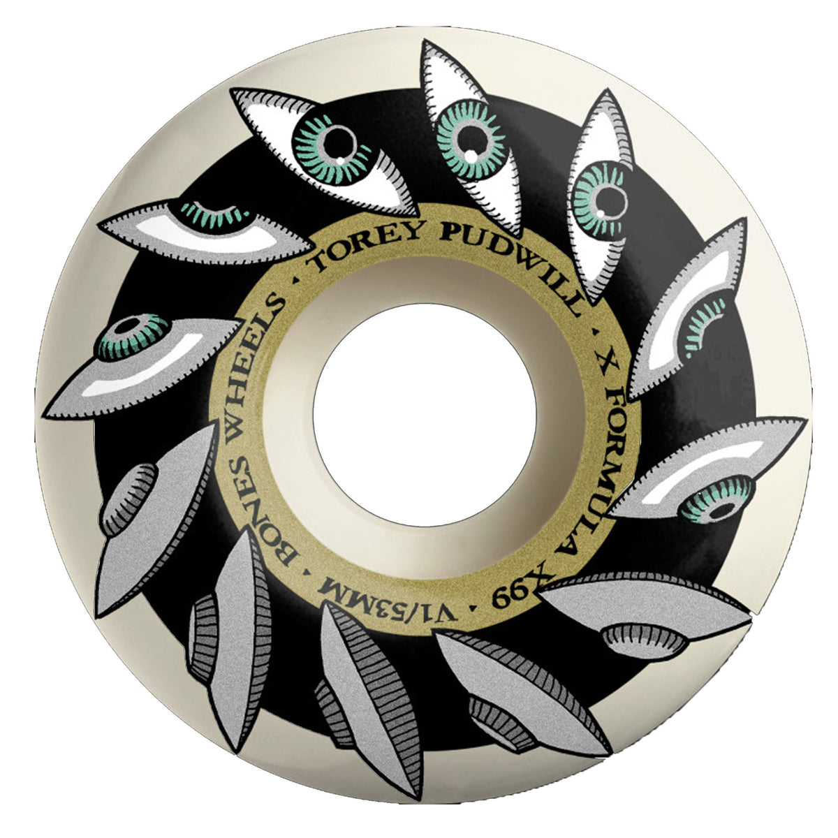 Bones Pudwill XF V1 Eyeing Saucer 53mm 99a Skate Wheels - White/Black