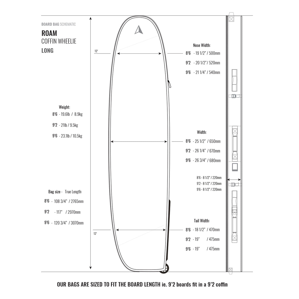 Roam Coffin Universal Wheelie Triple/Quad Surfboard Bag - Grey/Black