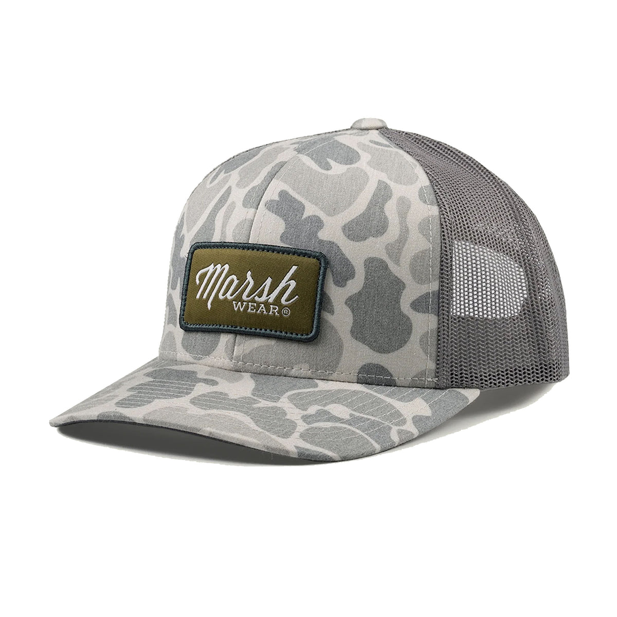 Marsh Wear Script Men's Trucker Hat - Stone Mallard Camo