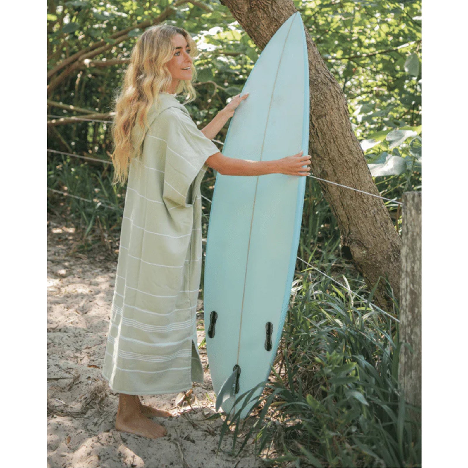 Sand Cloud Classic Stripe Hooded Poncho - Celadon Green
