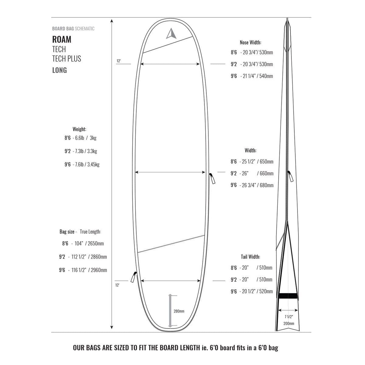 Roam Tech Plus Longboard Single Surfboard Bag - Grey/Black