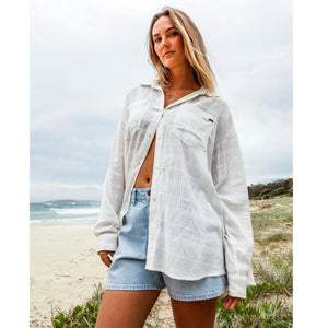 Volcom Lived In Button Up 2 Women's L/S Cover Up Shirt - Star White