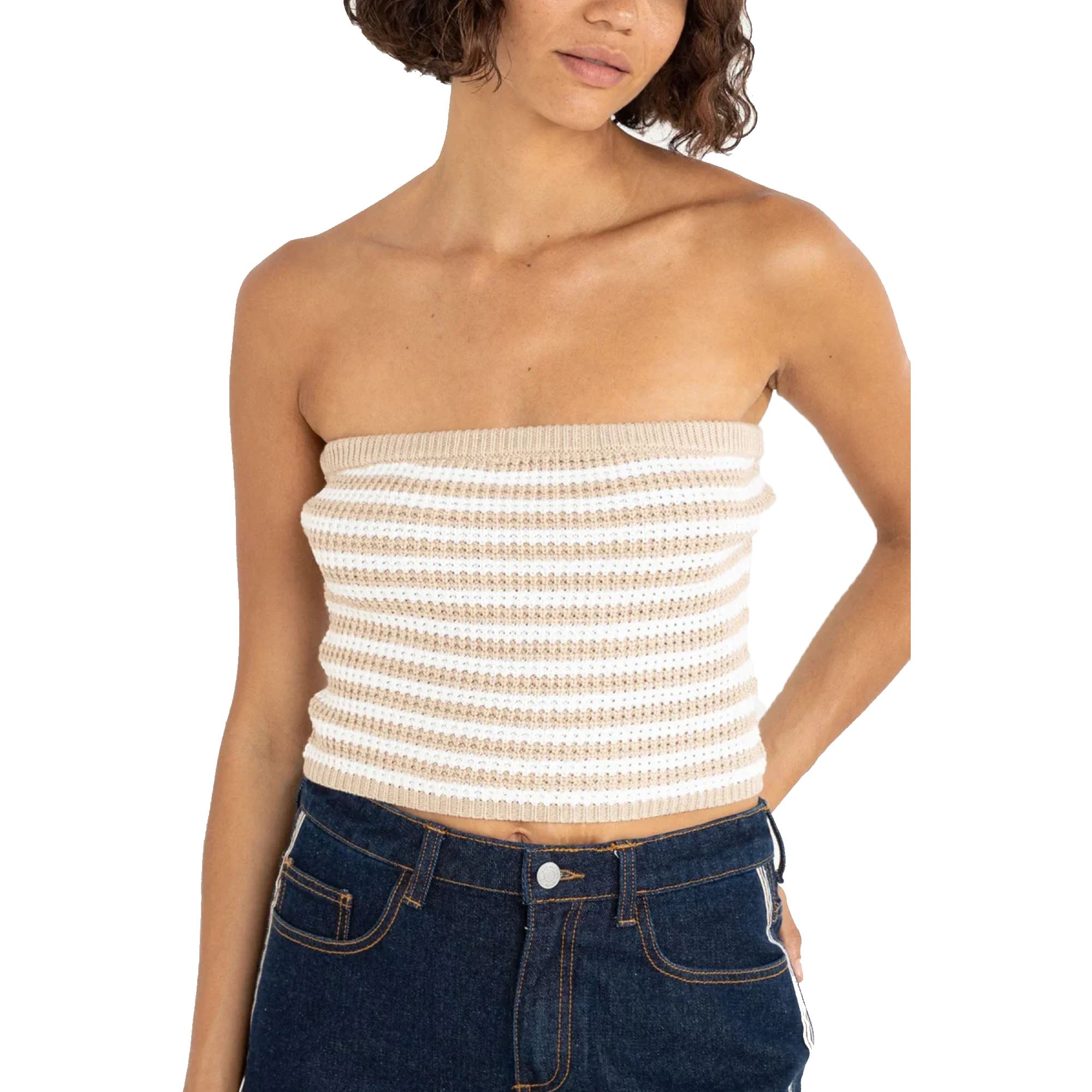 Rhythm Stripe Strapless Knit Women's Top - White