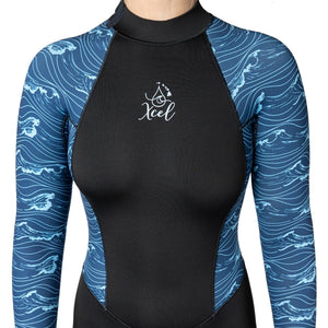 Xcel Ocean Ramsey Water Inspired Axis 3/2mm Back-Zip Women's Fullsuit Wetsuit - Black/Blue Waves