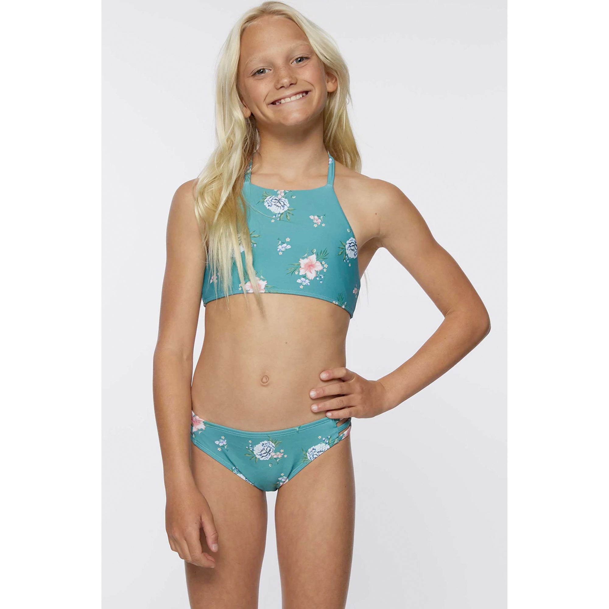 O'Neill Chan Floral Youth Girl's Braided Hi-Neck Swim Set Teal