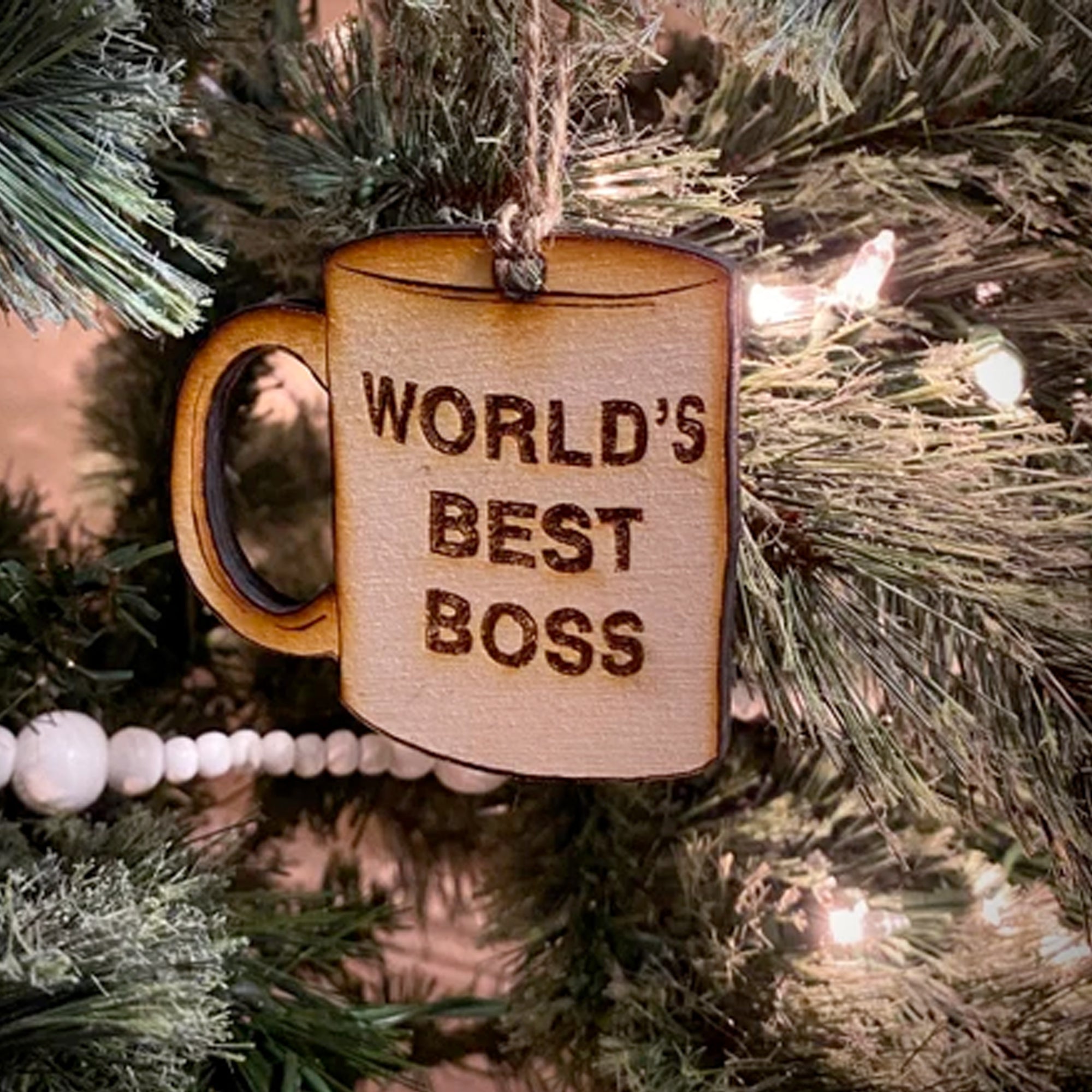 Tree Yoself World's Best Boss Mug Wooden Christmas Ornament